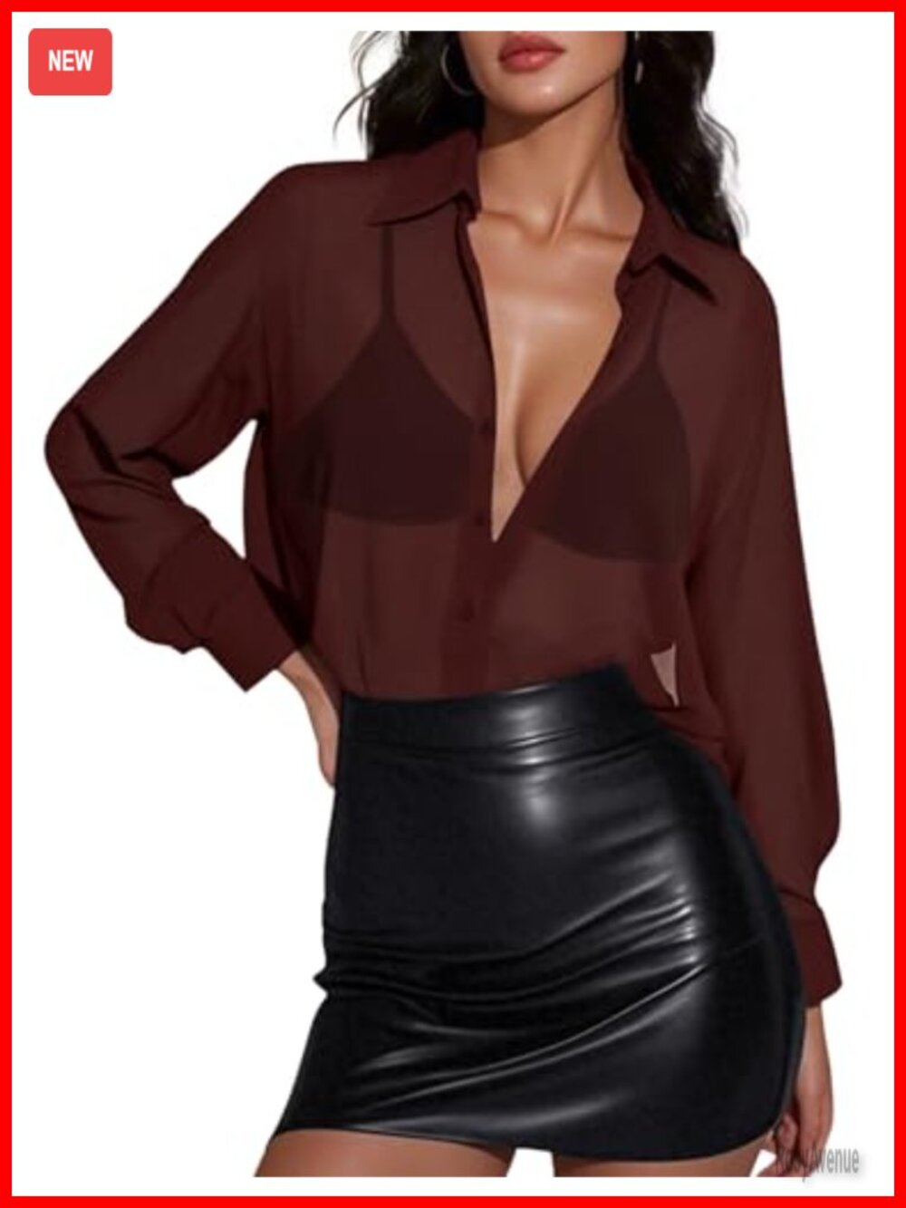 Women Sheer Mesh Button Down Blouse Long Sleeve See Through Top